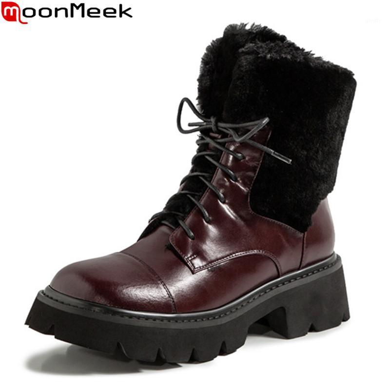 

MoonMeek 2021 New Arrival Women Boots Genuine Leather Boots Square Heels Round Toe Lace Up Keep Warm Winter Ankle1, Black