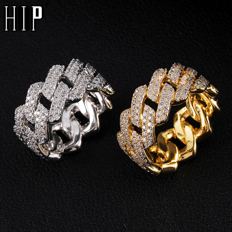 

Hip Hop Iced Out Bling Charm Cuban Prong Ring Mens Gold Color Cubic Zirconia Ring For Men Women Jewelry Y0122, Slivery;golden