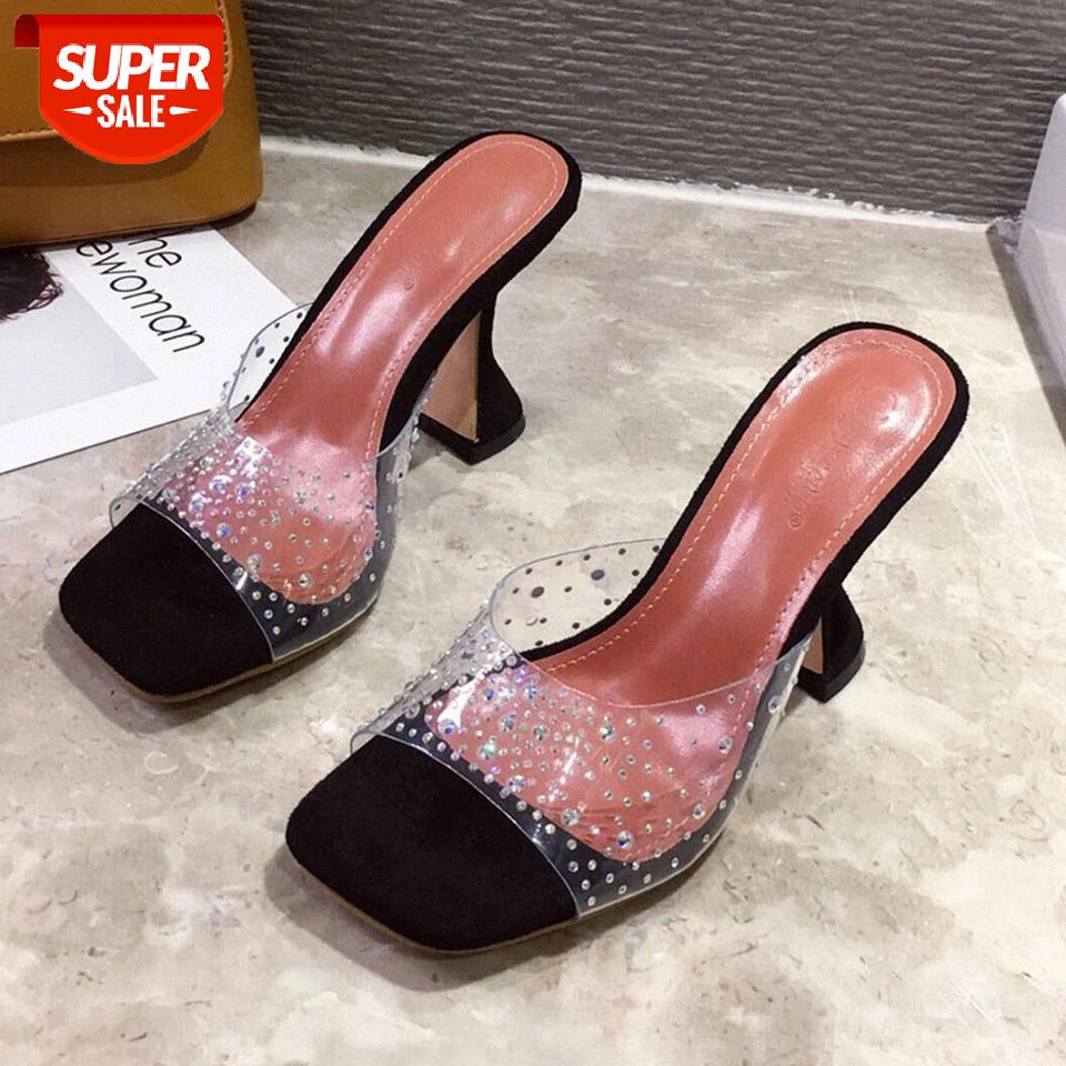 

RIBETRINI Sexy Girl Open Toe Pvc Rhinestone Slip On High Heels Summer Shoes Party Women Sandals 2020 Slip On Sandals #GL0O, Black