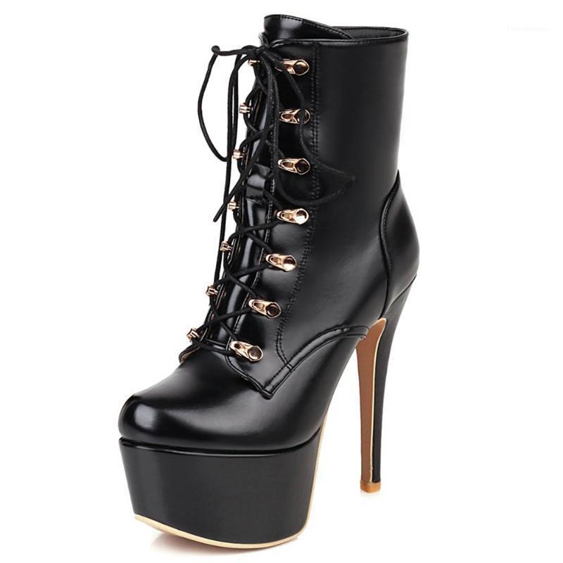 

BONJOMARISA Sexy Ladies Thin Heel Platform shoes lace Ankle Boots Metal Brand Design Boots Women 2021 Solid Shoes Woman1, White