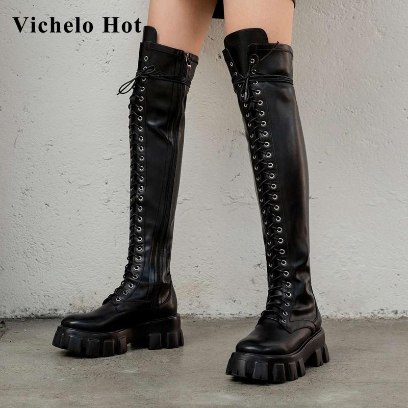 

Vichelo Hot new platform cow leather round toe thick bottom stretch boots cross-tied high street fashion over-the-knee boots L89, Black