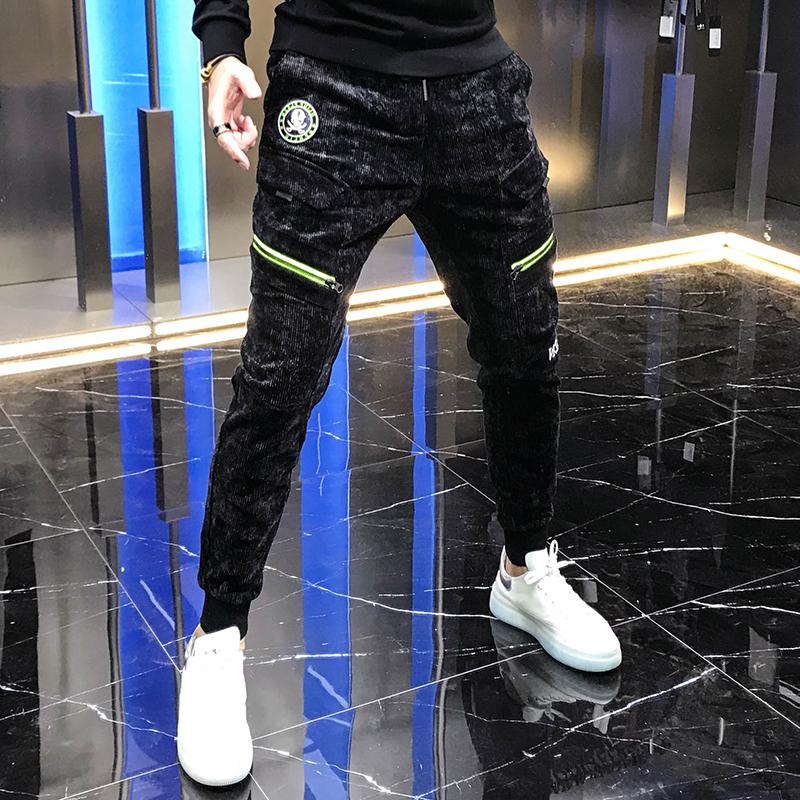 

European station men's 2020 autumn new corduroy slim waist casual pants simple versatile zipper decoration fashion youth, Black