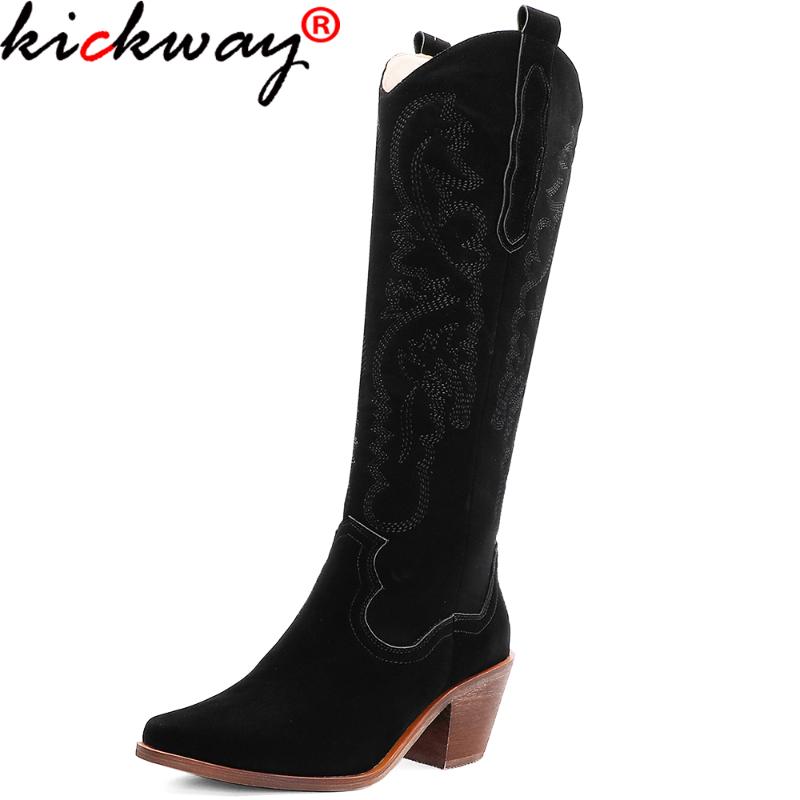 

Kickway Women's Winter High Boots Womens Pointed Toe Slip-On Thick Heel Shoes Mid Calf Cowboy Knight Boots Snow Tube Boot Shoes, Black pu inside