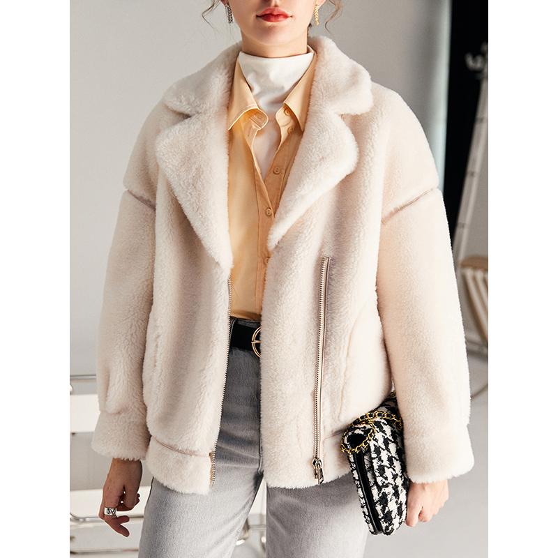 

Women Shearling Jackets Coats and 2021 Thick Warm Fur Wide-waisted Turn-down Collar Zipper Winter Jacket, White