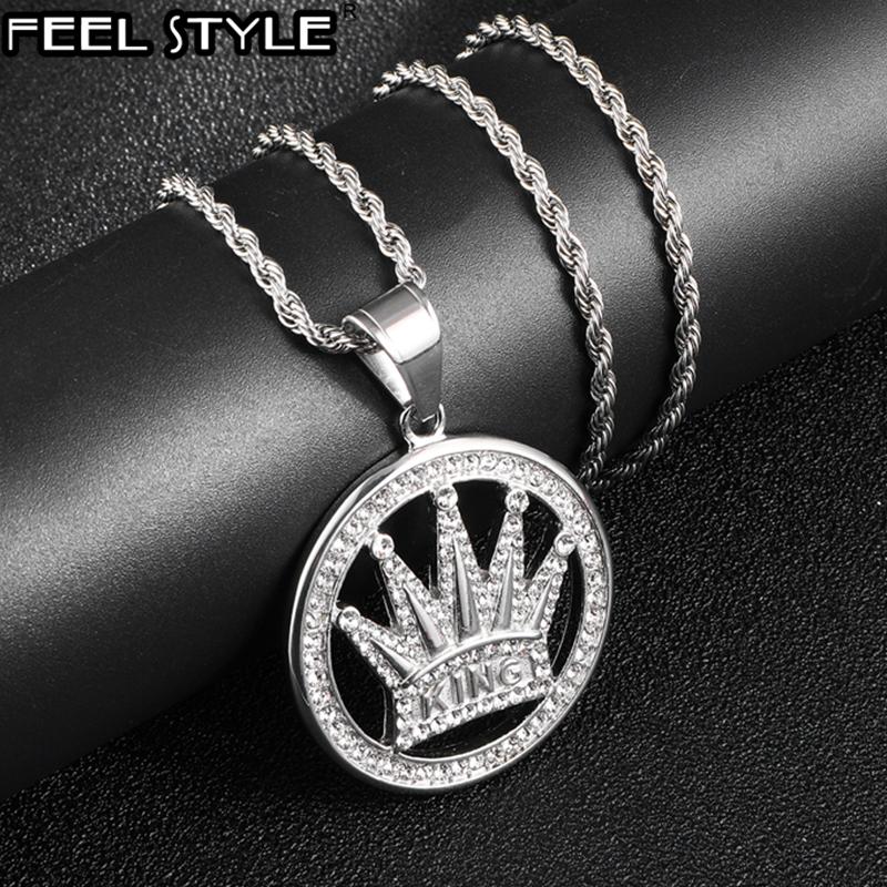 

HIP Hop 316L Titanium Stainless Steel Bling Iced Out Cubic Zirconia Crown Necklaces Round Necklaces & Pendants for Men Jewelry