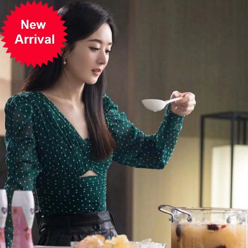 

New 2021 New Luxury Asymmetrical Oceans Sexy Polka Dot Green Long Sleeved Blusa Elegant Designer Women Autumn Shirt Blouse Harvest Q7L1, Beige