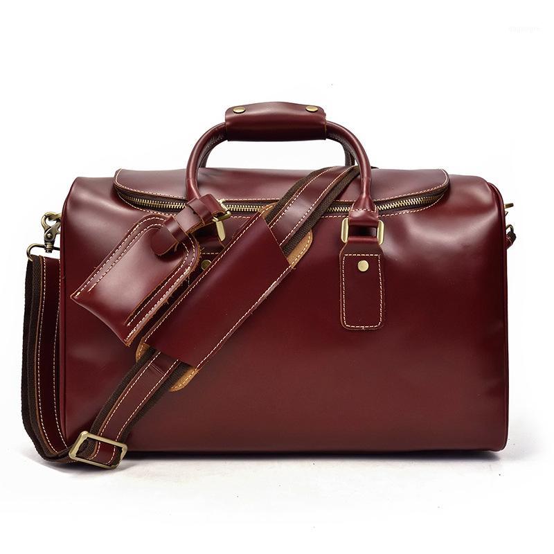 

Men's Retro Travel Bag Leather Oil Leather Handbag Luggage Bag First Layer Slant Straddle Shoulder1, Burgundy