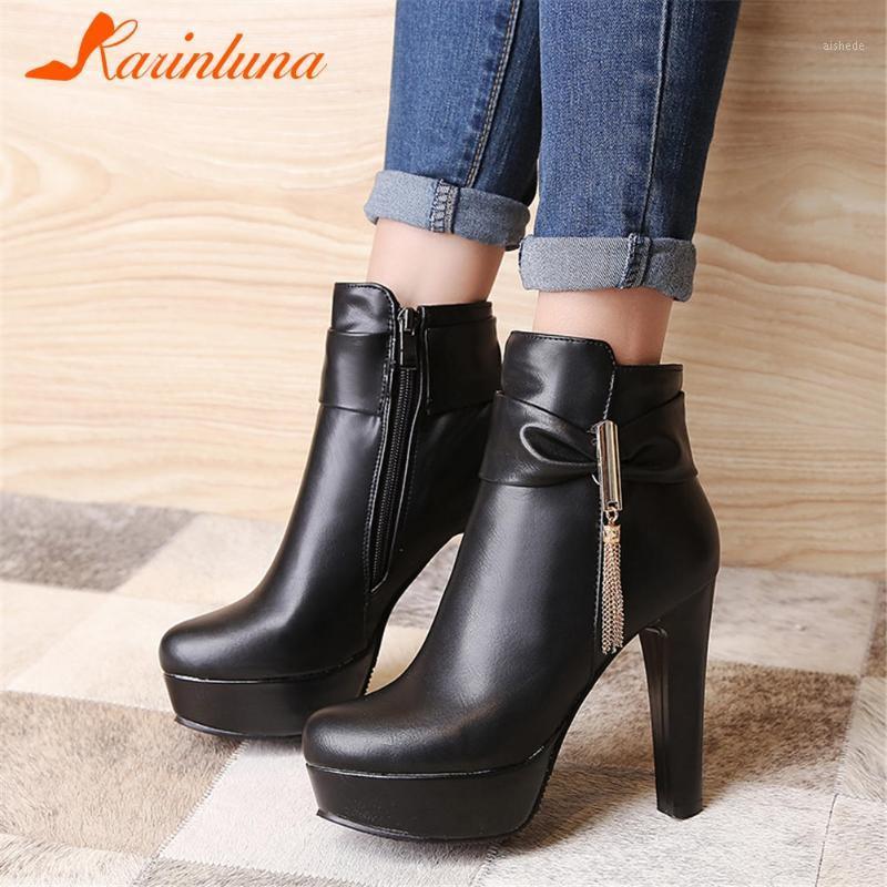 

2021 New Arrival High Quality Shoes women Metal Decoration Round Toe Platform Bowknot Spike Heels Ankel Boots Zip1, Black