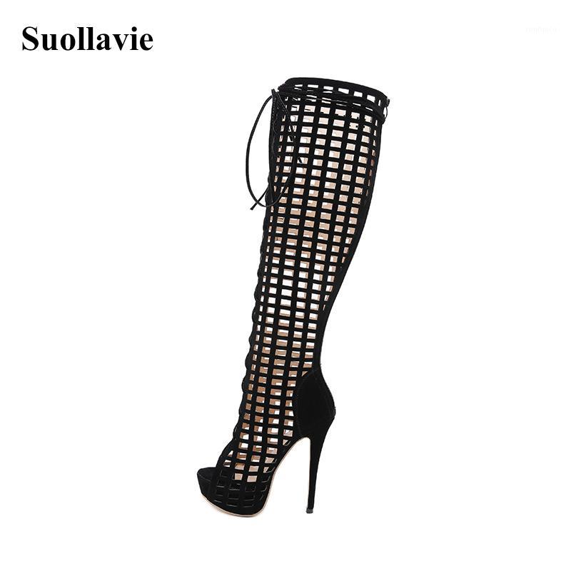 

Hot hollow out women boots Over-the-Knee boots women sexy platform shoes female lace-up high heels peep toe shoes1, Black