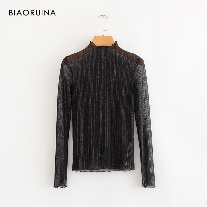 

Women' Blouses & Shirts BIAORUINA Women' Black Lace Mesh Hallow Out Patchwork Silver Fabric Blouse Stand Collar Female Sexy Thin Tops, As pic