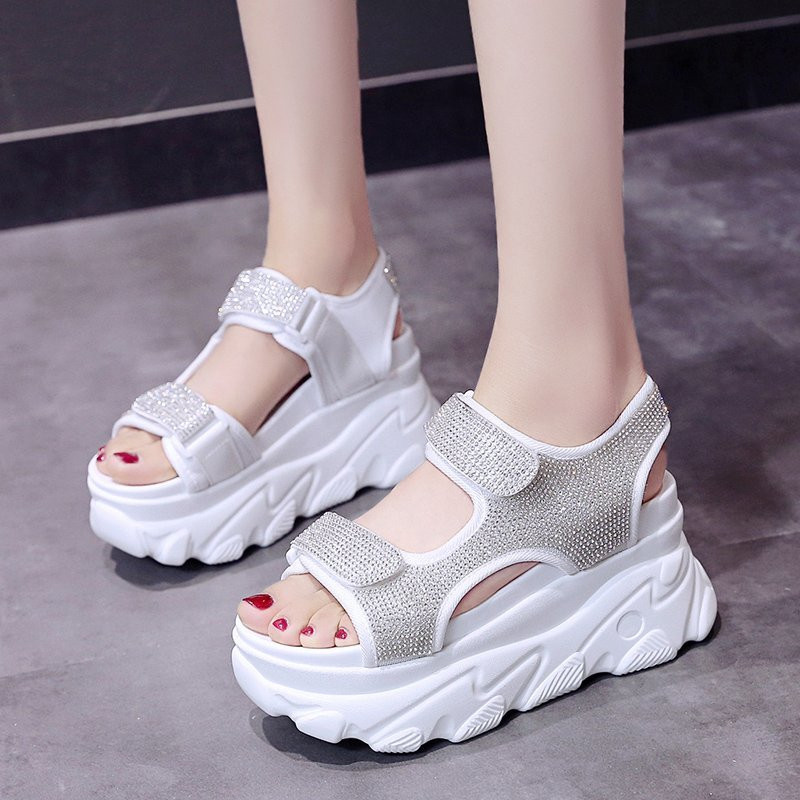 

COOTELILI Women Summer Sandals High Heels Shoes 2020 New Fashion Diamond Decoration Non-slip Hook And Loop Basic Platform Sandal, Black