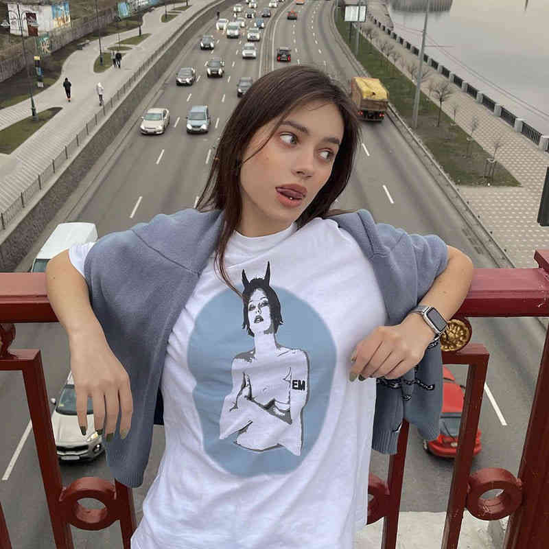 

Women's T-Shirt white short sleeve T-shirt women's cotton loose foreign style thin one shoulder top summer witch printed DCTK