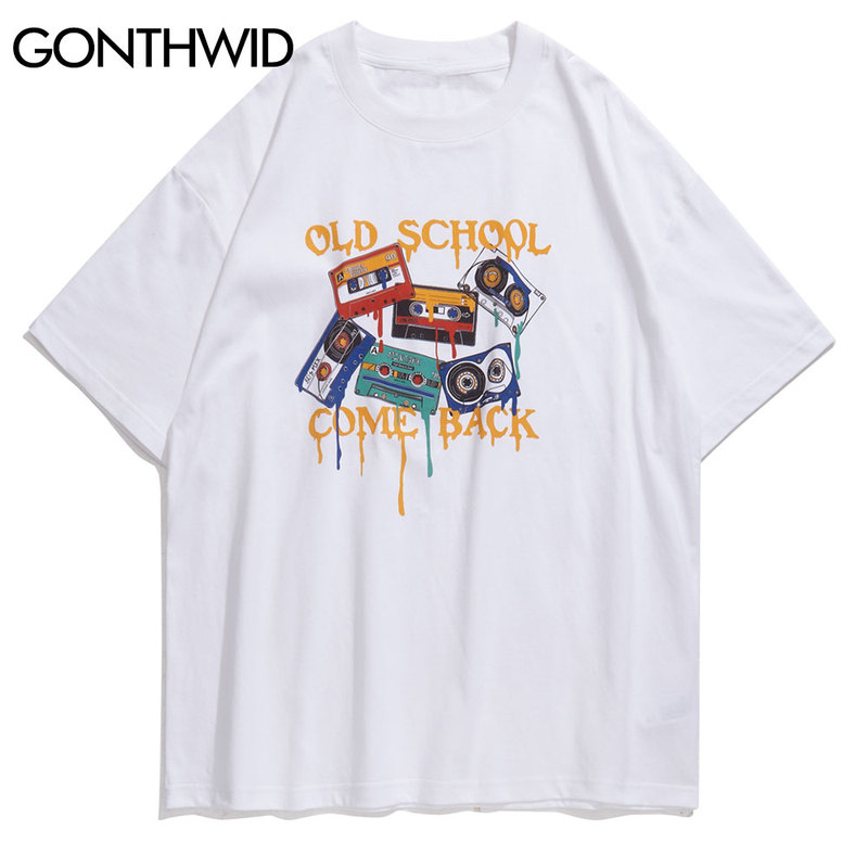 

Hip Hop Streetwear Tshirts Harajuku Vintage Tapes Print Short Sleeve Tees Shirts 2020 Mens Casual Loose Fashion Tops, White