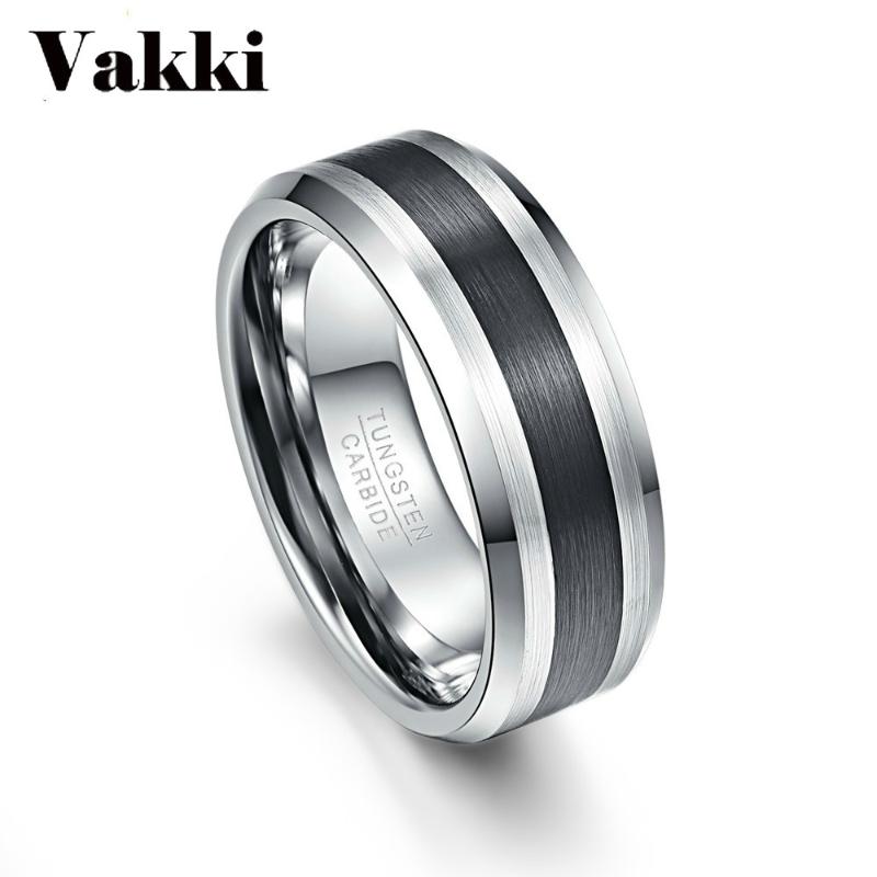 

VAKKI Tungsten Carbide Ring 8MM Men's Ring Brushed Finish and Black Center Beveled Edge Size 5 to 14 Wedding Engagement