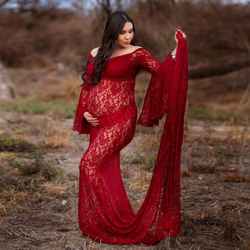 

Long Tailing Elegant Lace V-neck Maternity Dress Casual Gown Maxi Pregnant Women Pregnancy Photo Shoot Photography Prop Clothes, White