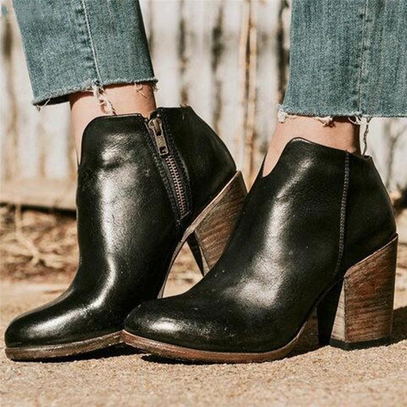 

Ankle Boots Suede vintage Patent Leather Casual High Heels Square Rubber Strap zipper round toe Shoes For Women Boots Size 35-43, Black
