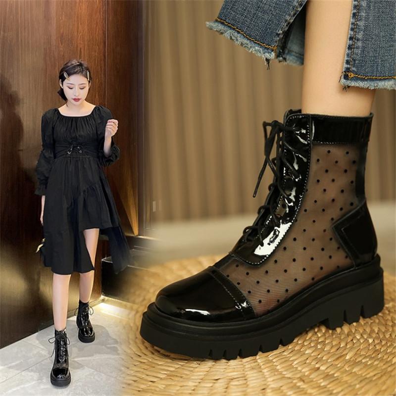 

Spring Women Boots Polka Dot Mesh Boots Round Toe Lace-Up Platform Short Tube Large Size 34-43 Item No.13818A, Black
