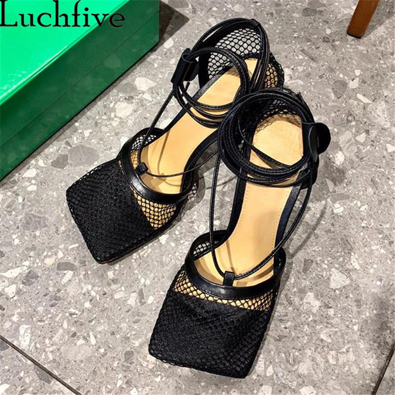 

Cellular hollow High Heel Sandals Women Square Toe Ankle Strap Lace-up Rome Sandals 2021 Summer Sexy Party Shoes Mujer, Yellow