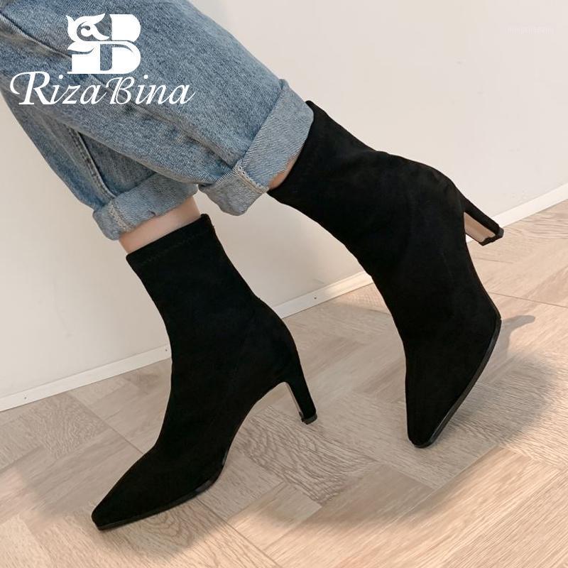 

RIZABINA New Arrival Boots Ankle Shoes Pointed Toe Slip On Thick High Heel Sock Boots Flock Female Footwear Solid Size 34-391, Black 1