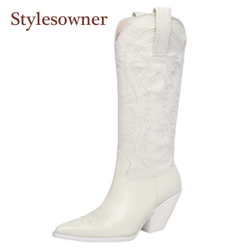 

Real Leather Pointed Toe Wedges Western Boots Denim-tube High-heels Mid-Calf Slip-On Woman Boots Beige Blue Embroider Retro Shoe