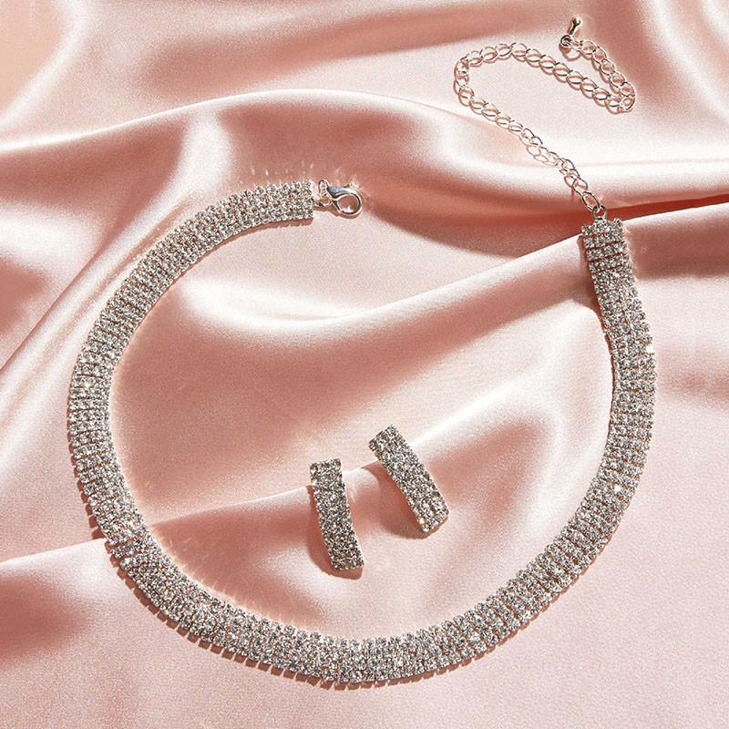 

Silver Crystal Stud Earrings Necklace for Women Wedding Bridal Jewelry Sets Full Rhinestone Neck Collar Necklace and Earrings