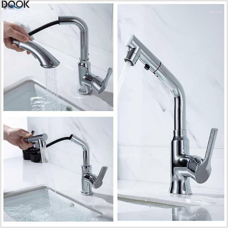 

DQOK Bathroom Basin Faucet Single Handle Single Hole Mixer Tap Pull Out Deck Mounted Hot And Cold Tap Sink Brass Faucet1