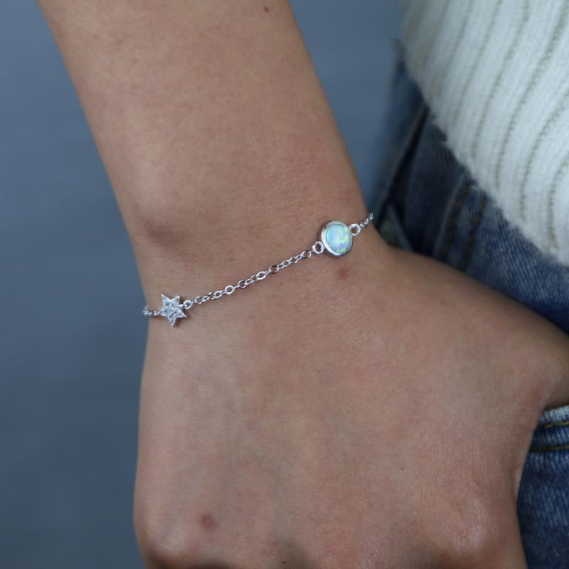 

New styles tiny link bracelet jewelry with sparking bling cz star round opal charm link chain adjusted bracelet for women