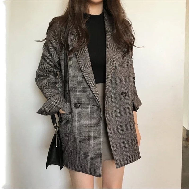 

Women's Check Long Sleeve Cotton Jacket Causual Vintage Coat Oversize Plaid Blazer 201201, Grey