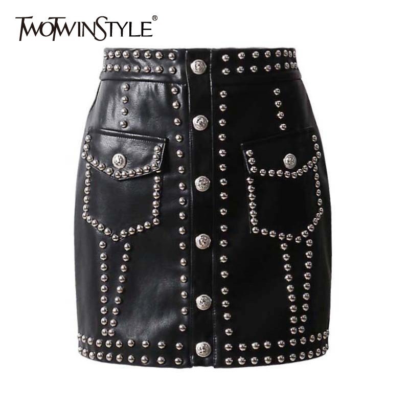 

TWOTWINSTYLE Heavy Rivets PU Leather Skirts High Waist Single Breasted Mini Skirt For Women Punk Style 2020 Spring Fashion Y200704, White