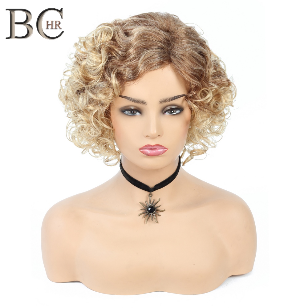 

6 Inch Short Curly Platinum Synthetic Wigs For Black Women African Curly Hairstyles Natural Blonde Hair Wig, The pic color