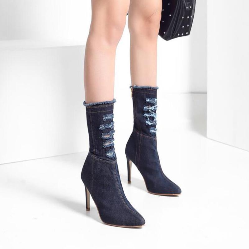 

Mid-calf Boots Denim Short Boots Women Shoes Woman Fashion High Heel Booties 2020 Spring New Breathable Denim X540, Black
