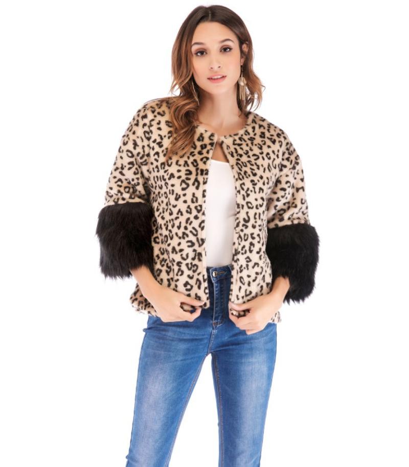 

Autumn Faux Fur Coat Casaco Leopardo Black Fake Fur Fashion Leopard Coat Sleeve Winter Female Cropped Jacket Woman 2020, As pic