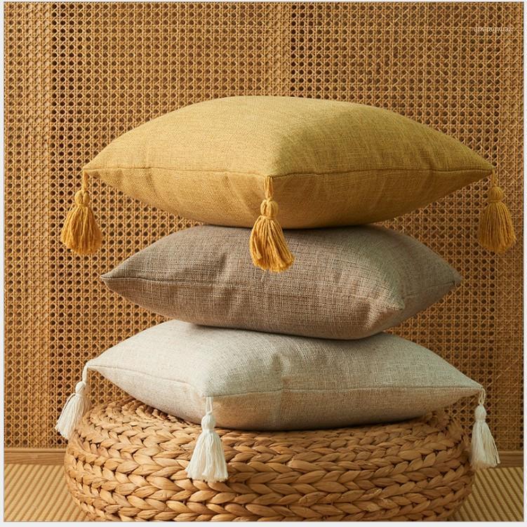 

Solid Plain Linen Cotton Pillow Cover With Tassels Yellow Beige Home Decor Cushion Cover 45x45cm Pillow Case Sofa Throw1