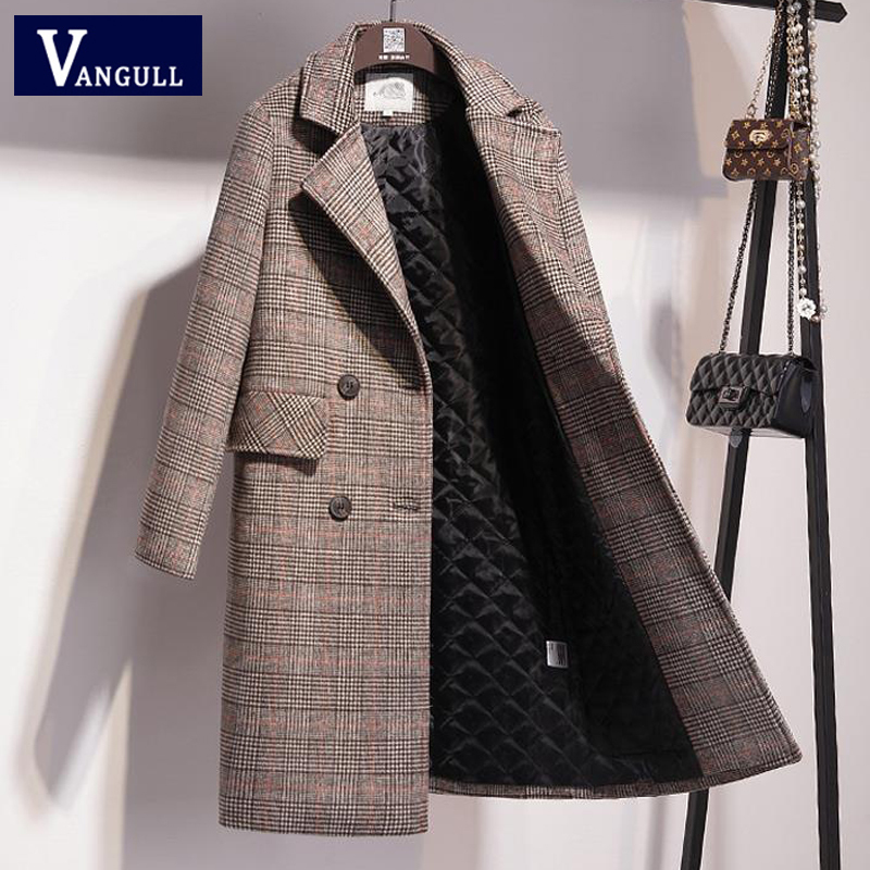 

Vangull Chic Thicken Plaid Women Wool Coat Winter Slim Double Breasted Long Women Outerwear Office Lady Pocket Plus Size Coat LJ201110, Khaki thick