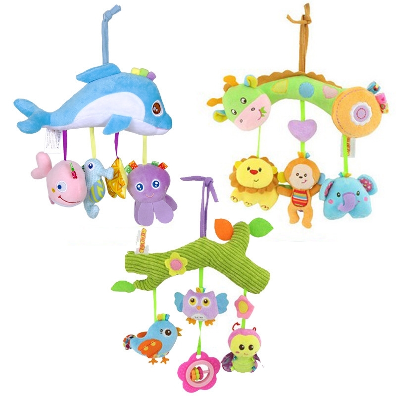 

Plush Cartoon Animal Crib Mobile Baby Rattles with Teether Bed Hanging Newborns Toy for Stroller Infant Kids Educational Toys T200429