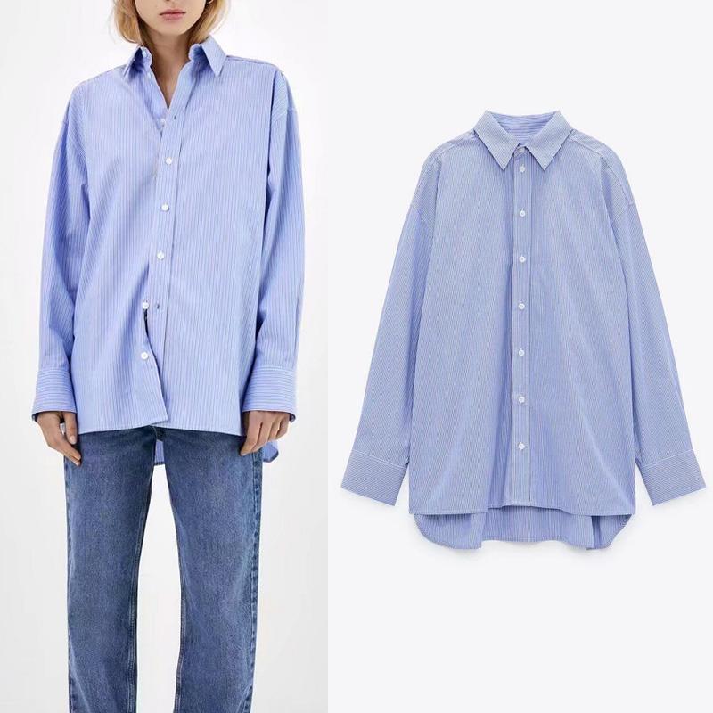 

Blouses Women 2021 Blue Striped Shirt Long Sleeve Top Casual Blouse Office Lady Buttons Shirts Chic Tops