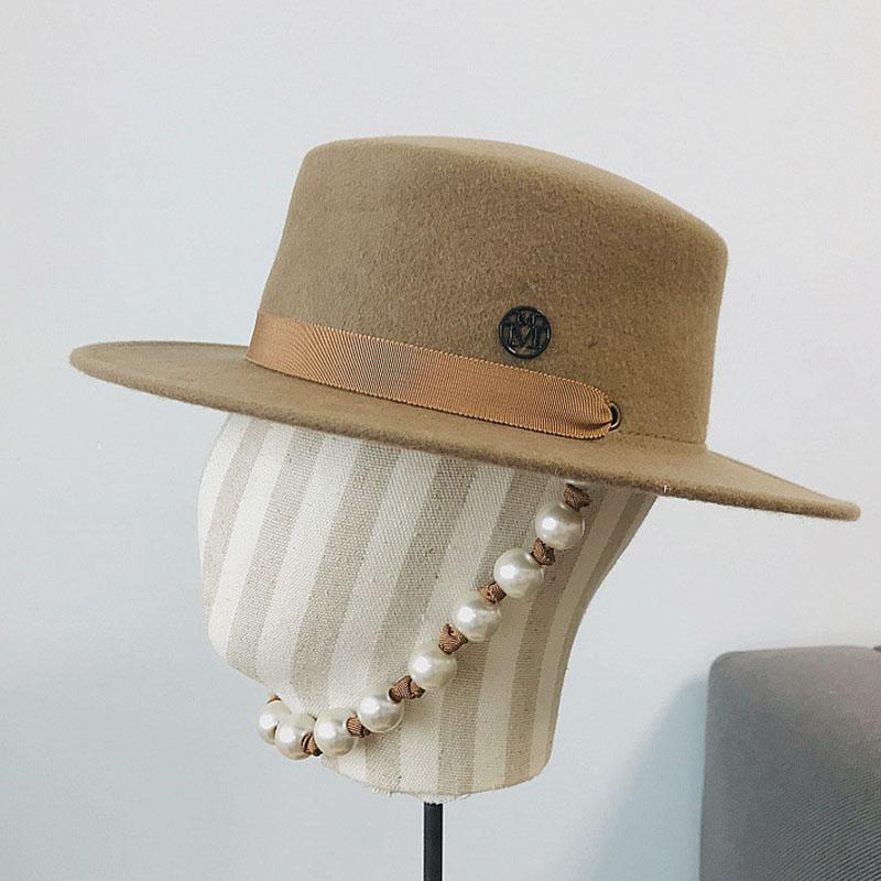 

Wool Wide Brim Porkpie Fedora Hat Pearl chain decoration Felt Hat flat top retro Hepburn net red felt, Black