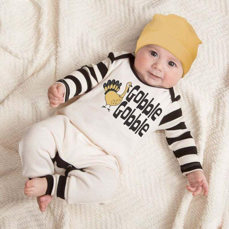 

Unisex Newborn Baby Girls Boys Romper Cap Sets Cartoon Turkey and Letter Print Cute Stripe Sleeve Jumpsuit and Beanies Hats 0-241, As pic