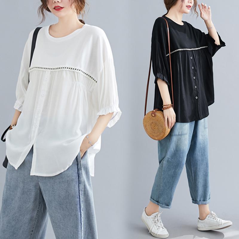 

#2860 Summer 2021 Black White Casual Blouse Shirt For Women Big Size Loose O Neck Sexy Pleated Ladies Tops And Blouses Buttons