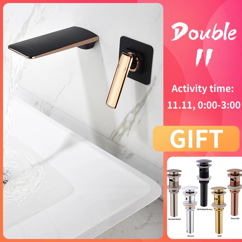 

Black and Rose Gold Wall Mounted Bathroom Basin Sink Faucet Waterfall Bathtub Single Handle Solid Brass Hot & Cold Mixer Tap