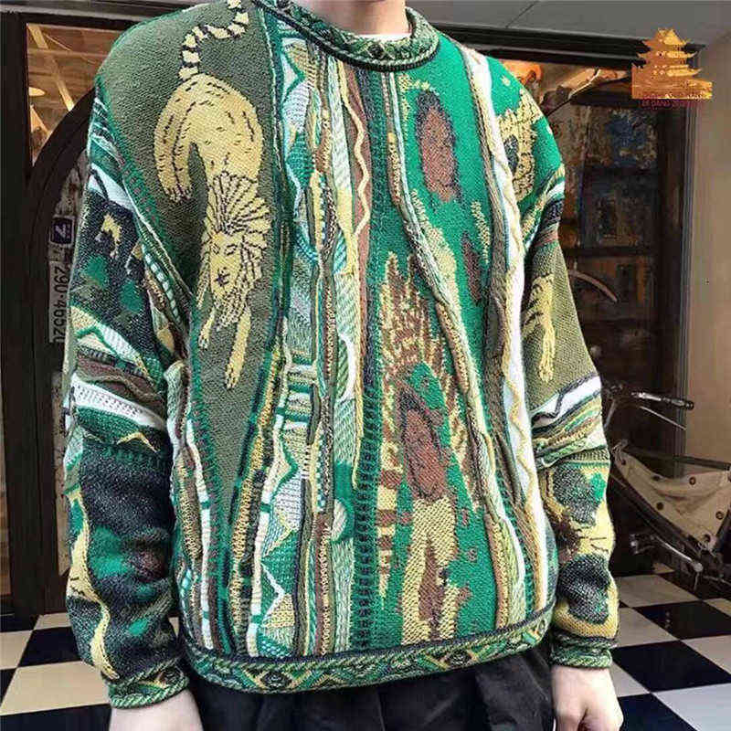 

Kapitl Vintage lion figure national contrast knitted crew neck Pullover, Green