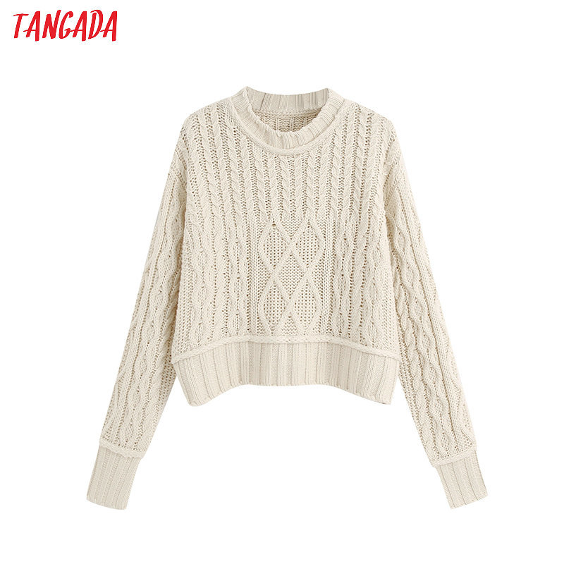 

Tangada autumn women solid oversized twist sweater loose o neck long sleeve knitted jumper tops 6Z02 210203, Beige