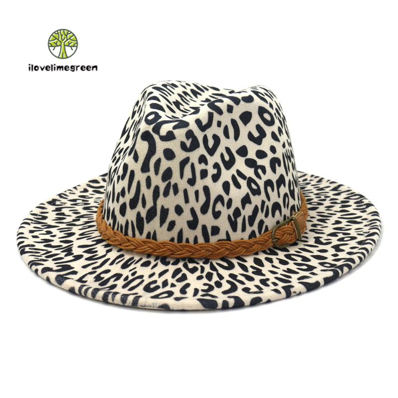 

2020 Fedora Hat Fall Winter Fedora Hat Leopard Print for Women Men Jazz Panama Leather Belt Wide Brim, Army green