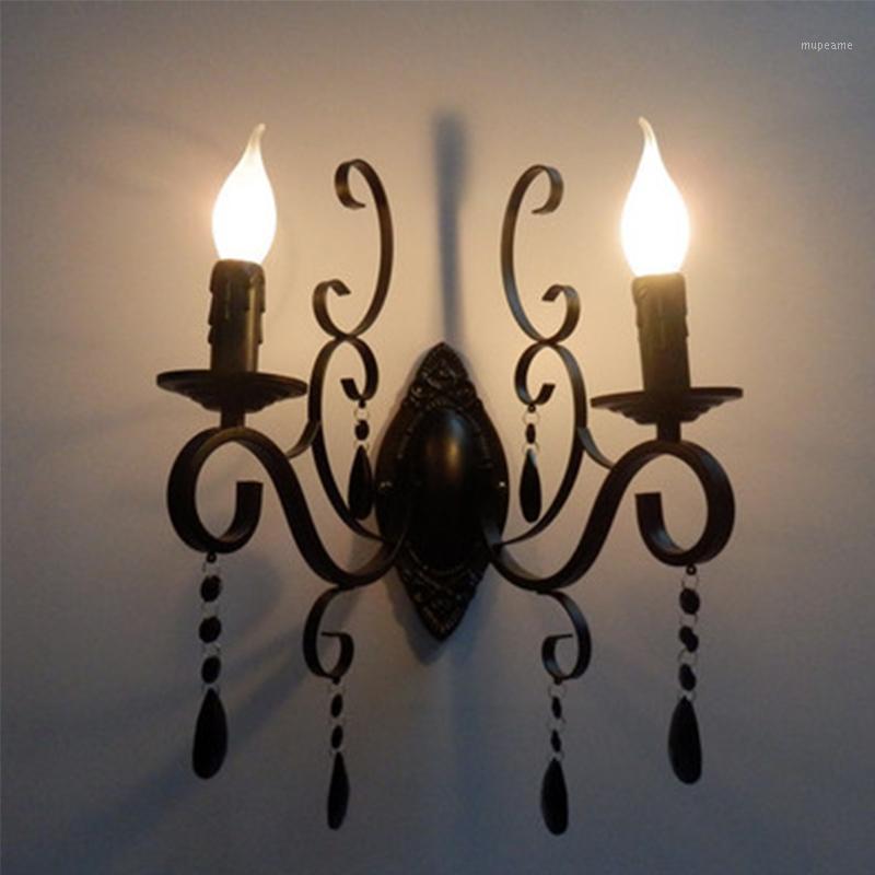 

European classic vintage black wrought iron body crystal deco candle wall light fixture for living room bedroom wall lamp1