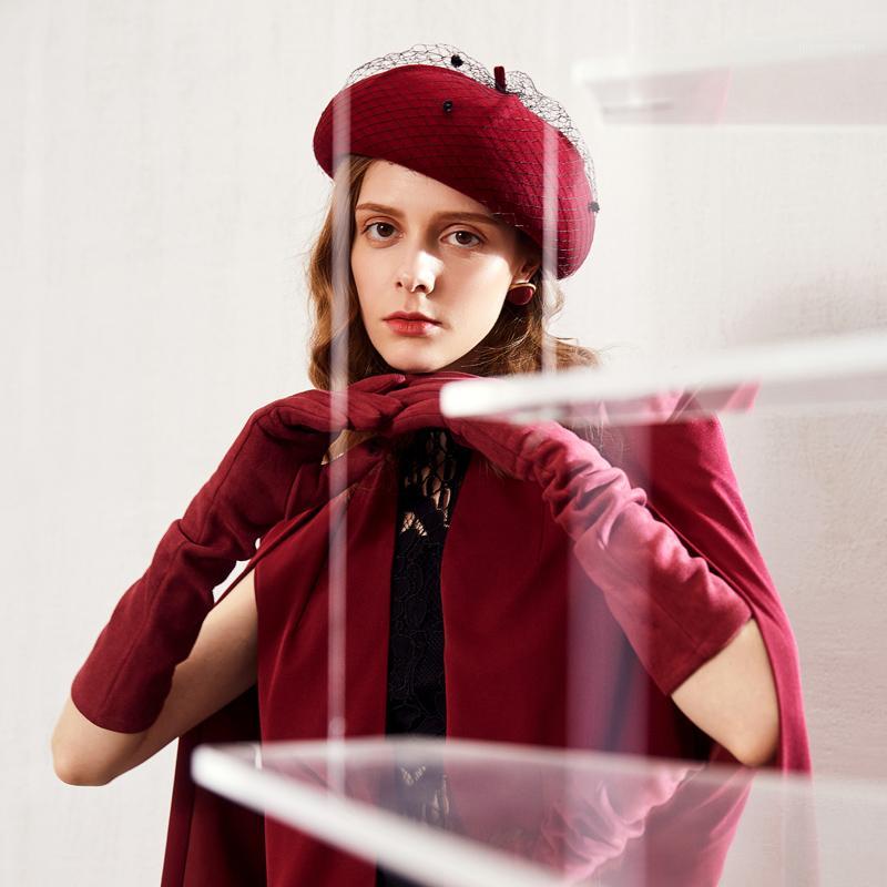 

H7611 Women Beret Hat Autumn Winter Warm Thick Mesh Yarn Retro Elegant Wool Cap Female Lady Banquet Shopping Party Hats1, Black