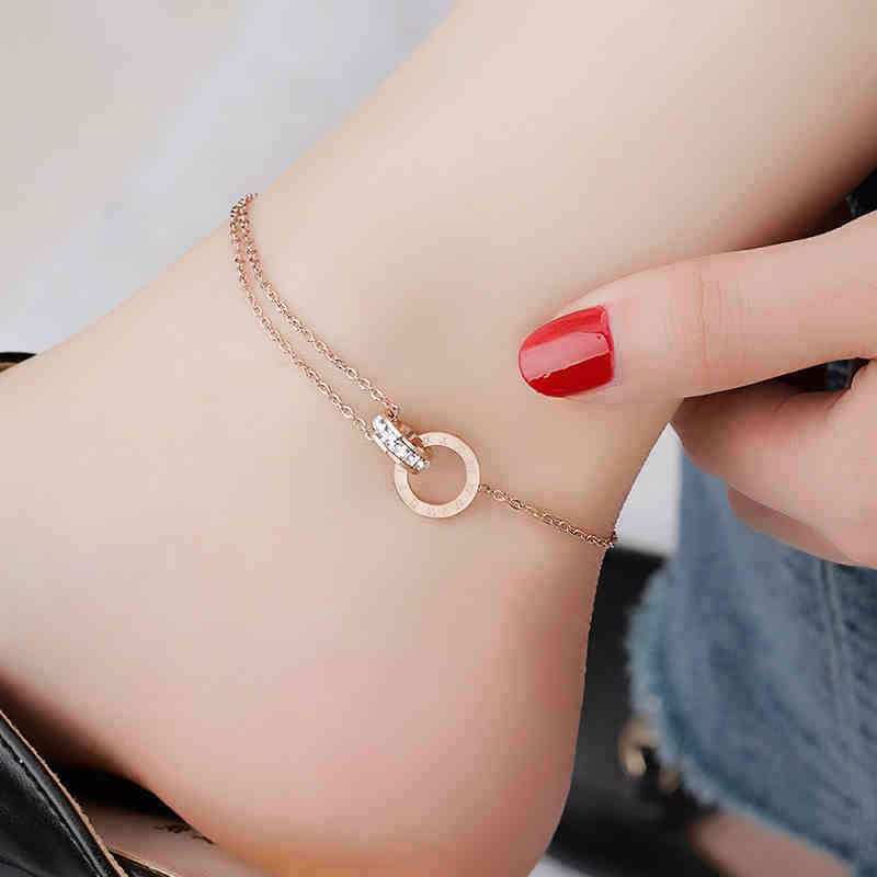

18kgp Titanium Steel Women Anklet Bracelet Double Circle Crystal Roman Numerals Foot Jewelry