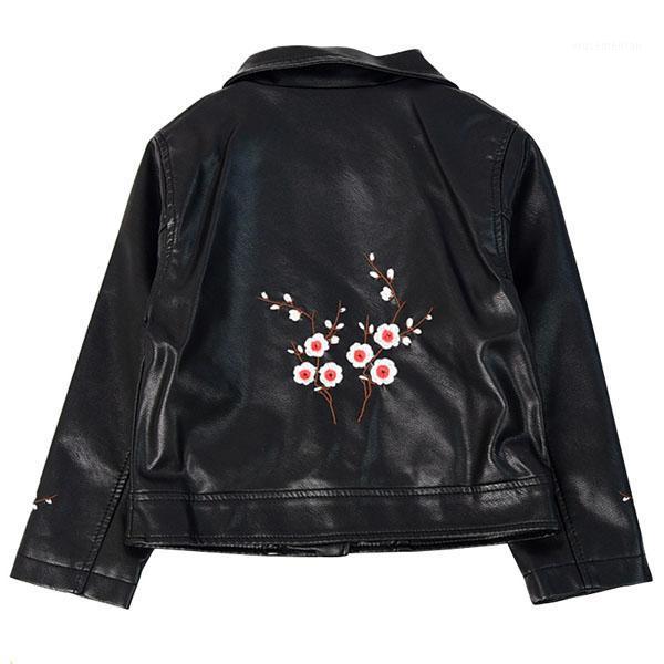 

Girls' short coat, children's embroidered leather jacket, long sleeve PU leather coat1, Black