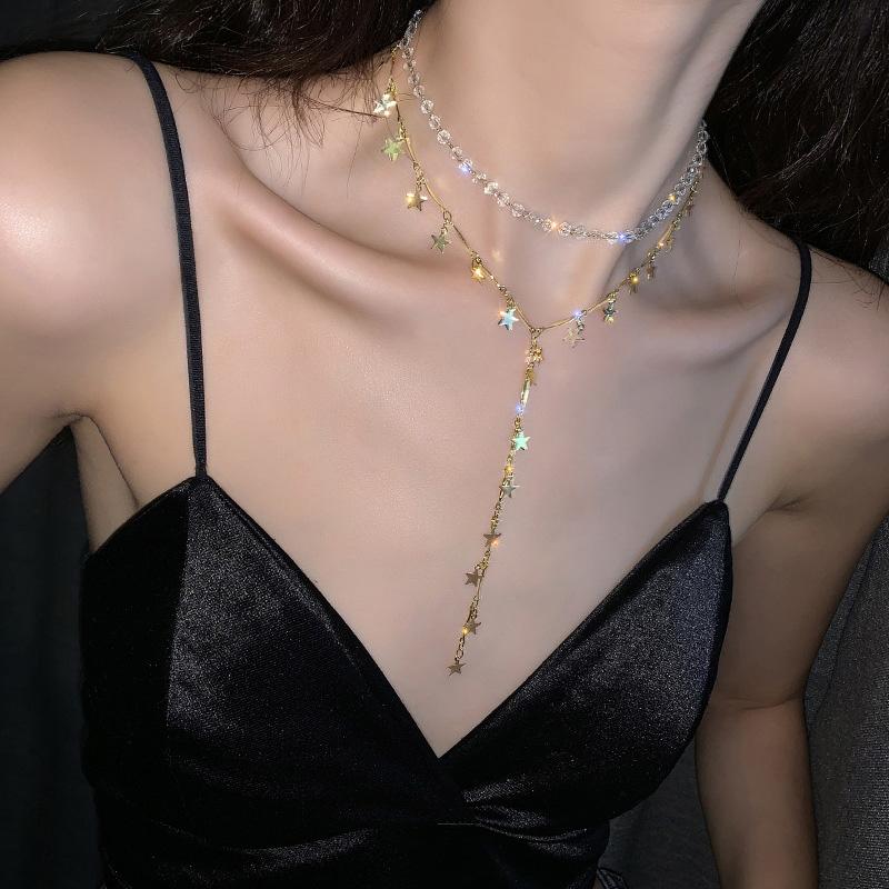 

Shine Crystal Star Choker Chain Necklace Transparent Beaded Gold Color Sequins Star Long Tassel Collar Necklace Women Jewelry