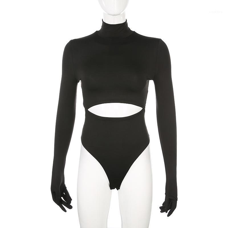 

OMSJ New Spring 2020 Woman Neon Pink Turtleneck Bodysuits With Gloves Long Sleeve Basic Cut Out Sexy Bodycon Jumpsuits Playsuits1, Black