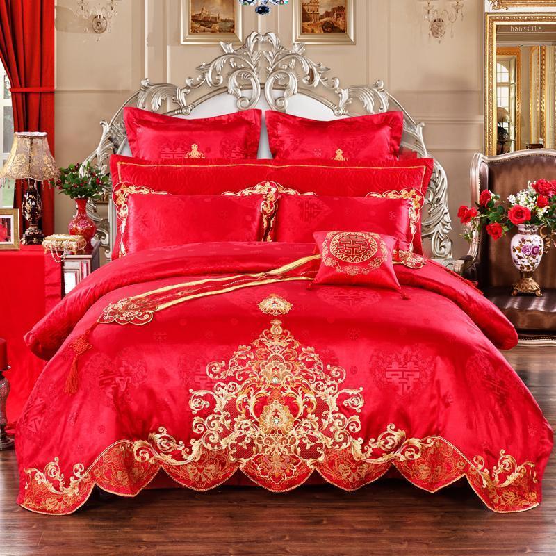 

Silk Cotton Satin Jacquard Wedding Bedding set Embroidery Duvet Cover Bed Sheet Pillowcases Queen King size J/6/8/10/12 p1, Kne1